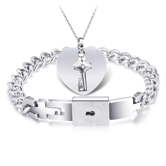 Heart Lock Bracelet & Key Necklace Set